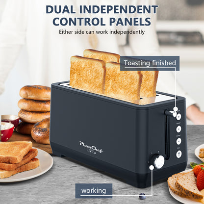 4-Slice Toaster with Warming Rack - 6 Browning Settings | Easy Cleanup, showing dual independent control panels for separate toasting zones.