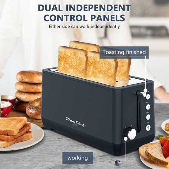 4-Slice Toaster with Warming Rack - 6 Browning Settings | Easy Cleanup, showing dual independent control panels for separate toasting zones.