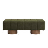 An olive green tufted upholstered bench with cylindrical wooden legs, shown against a plain white background.