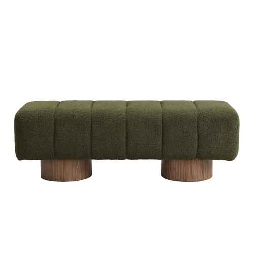 An olive green tufted upholstered bench with cylindrical wooden legs, shown against a plain white background.