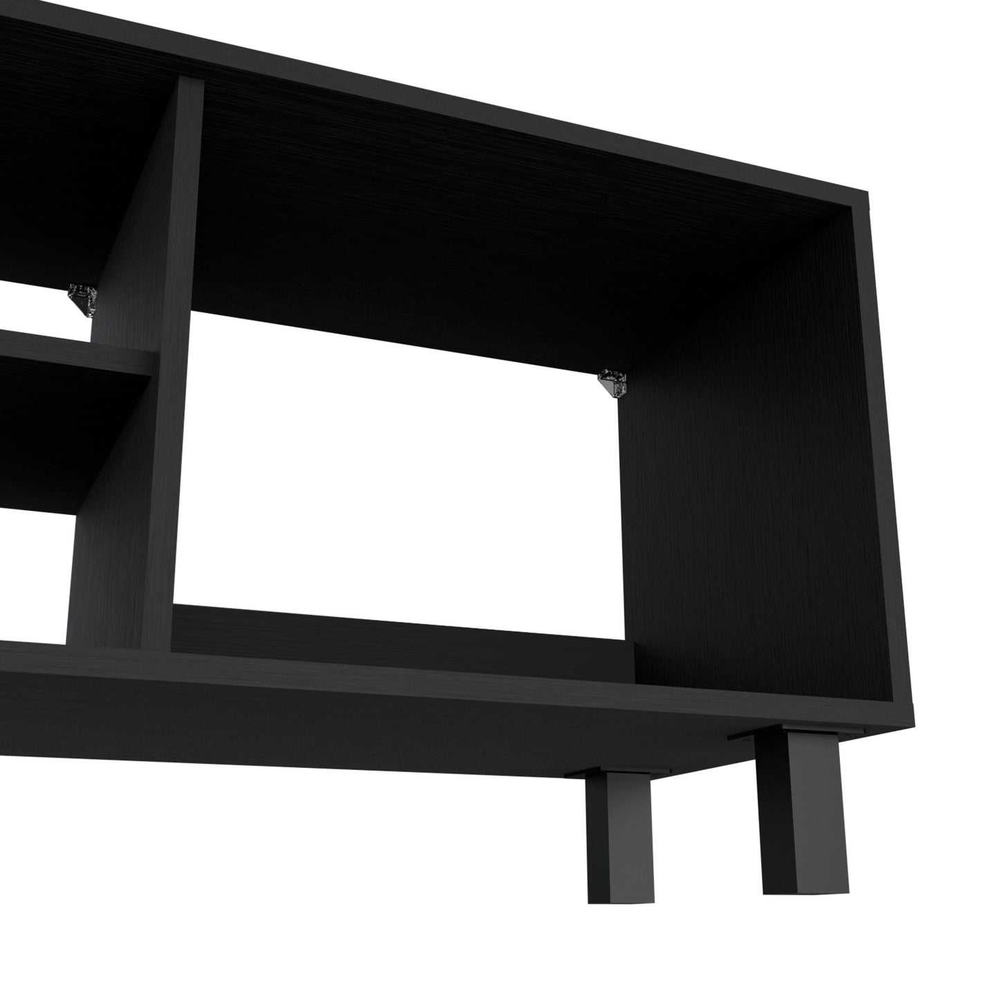 Close-up of Hoven TV stand corner showing sturdy construction and black wood finish, part of the modern living room furniture set.
