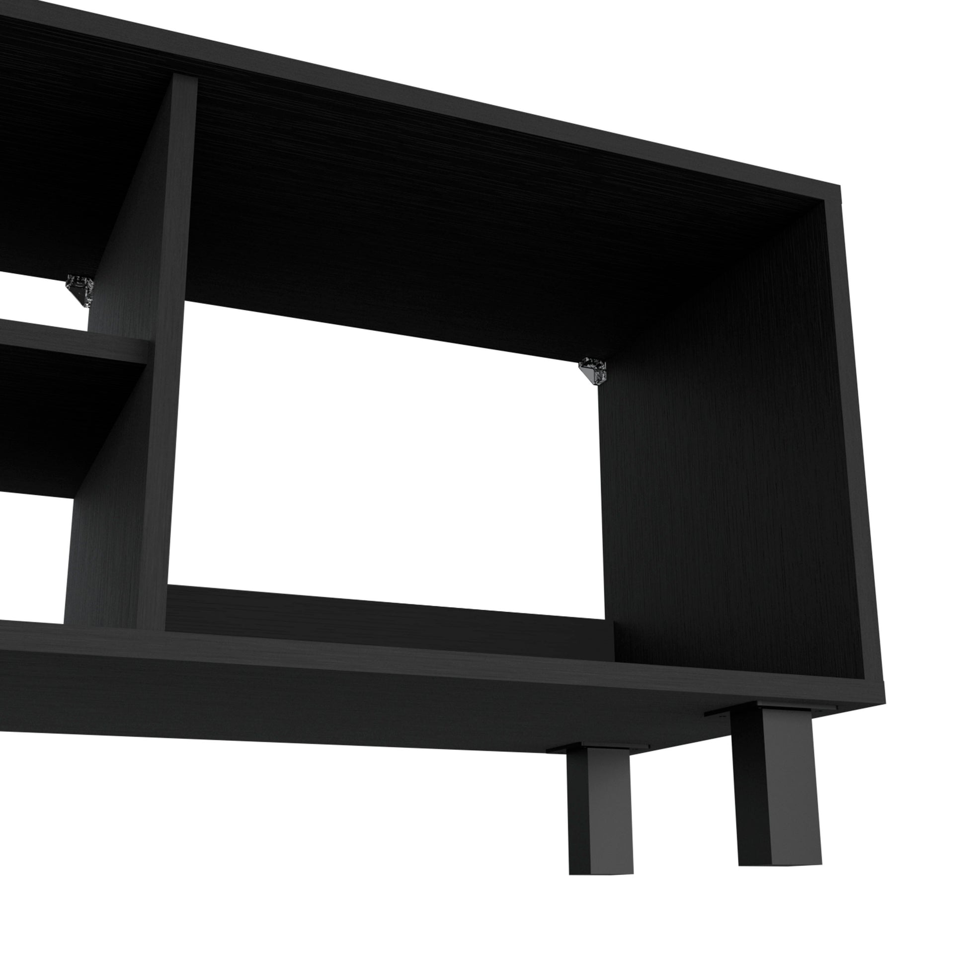 Close-up of Hoven TV stand corner showing sturdy construction and black wood finish, part of the modern living room furniture set.