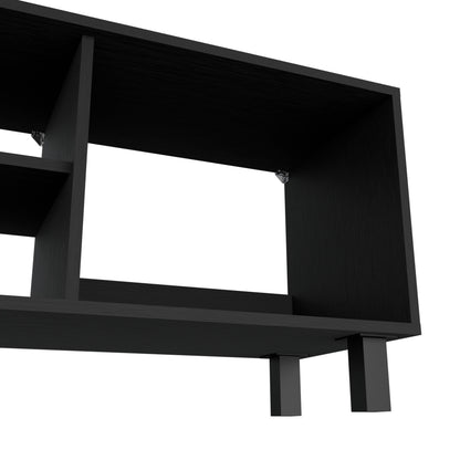 Close-up of Hoven TV stand corner showing sturdy construction and black wood finish, part of the modern living room furniture set.