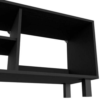 Close-up of Hoven TV stand corner showing sturdy construction and black wood finish, part of the modern living room furniture set.