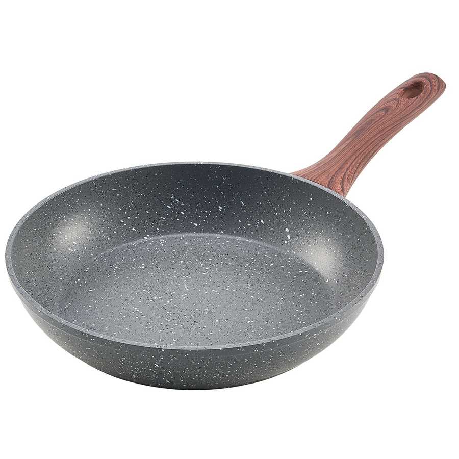 Nonstick frying pan with marble coating and ergonomic wood-style handle from 3 piece aluminum skillet set.