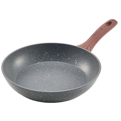Nonstick frying pan with marble coating and ergonomic wood-style handle from 3 piece aluminum skillet set.