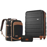 A three-piece luggage set including a hard-shell suitcase, a backpack, and a small pouch, all in black with tan accents and brown trim, shown on a white background.