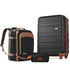 A three-piece luggage set including a hard-shell suitcase, a backpack, and a small pouch, all in black with tan accents and brown trim, shown on a white background.