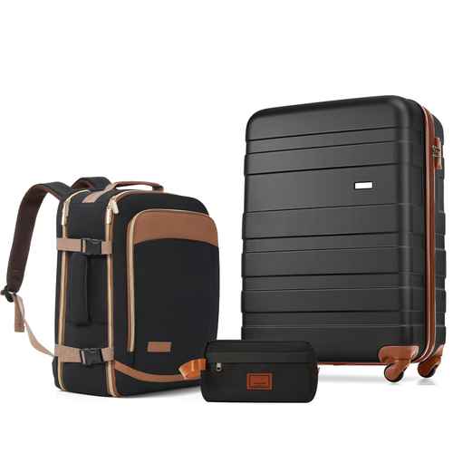 A three-piece luggage set including a hard-shell suitcase, a backpack, and a small pouch, all in black with tan accents and brown trim, shown on a white background.