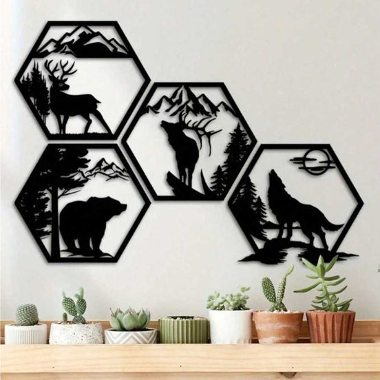 Iron Hexagon Wall Art Set - iron hexagon | 4-piece, rustic design featuring bear, deer, wolf, and elk silhouettes in black metal, ideal for nature-themed decor.