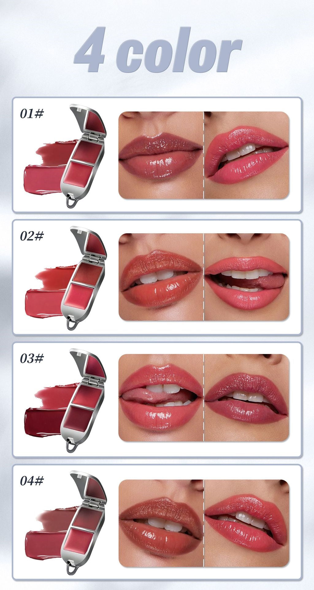 A shade comparison graphic for a lip color product showing four numbered color options labeled 01