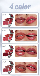 A shade comparison graphic for a lip color product showing four numbered color options labeled 01
