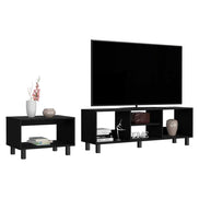 Black TV Stand and Coffee Table set styled with decor items. Carter Living Room Set offers sleek open shelves for storage and display.