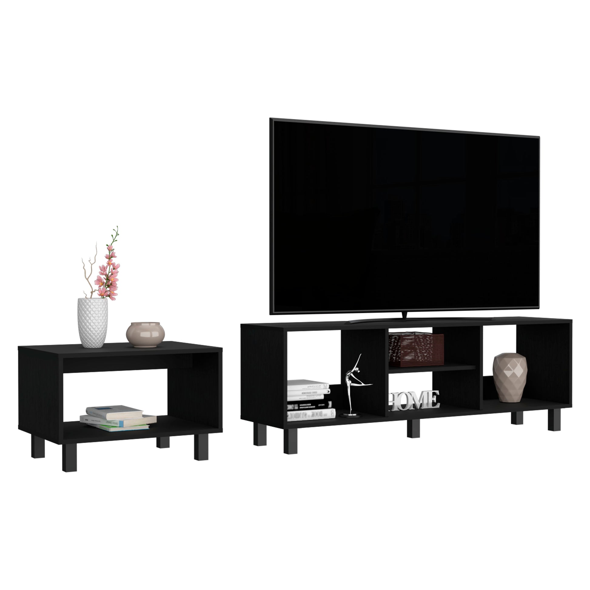 Black TV Stand and Coffee Table set styled with decor items. Carter Living Room Set offers sleek open shelves for storage and display.
