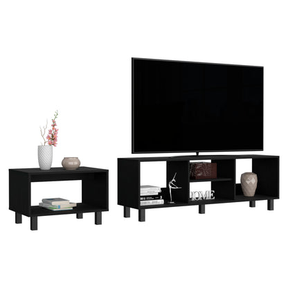 Black TV Stand and Coffee Table set styled with decor items. Carter Living Room Set offers sleek open shelves for storage and display.