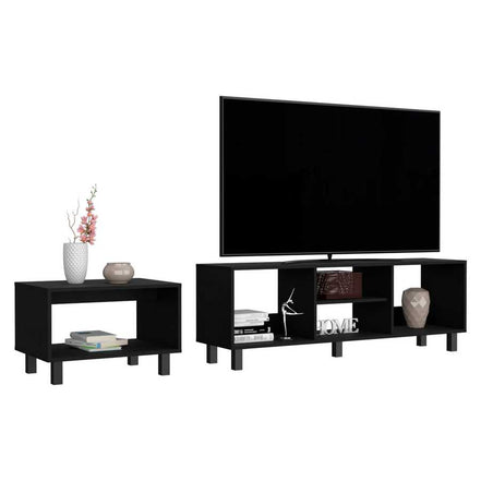 Black TV Stand and Coffee Table set styled with decor items. Carter Living Room Set offers sleek open shelves for storage and display.