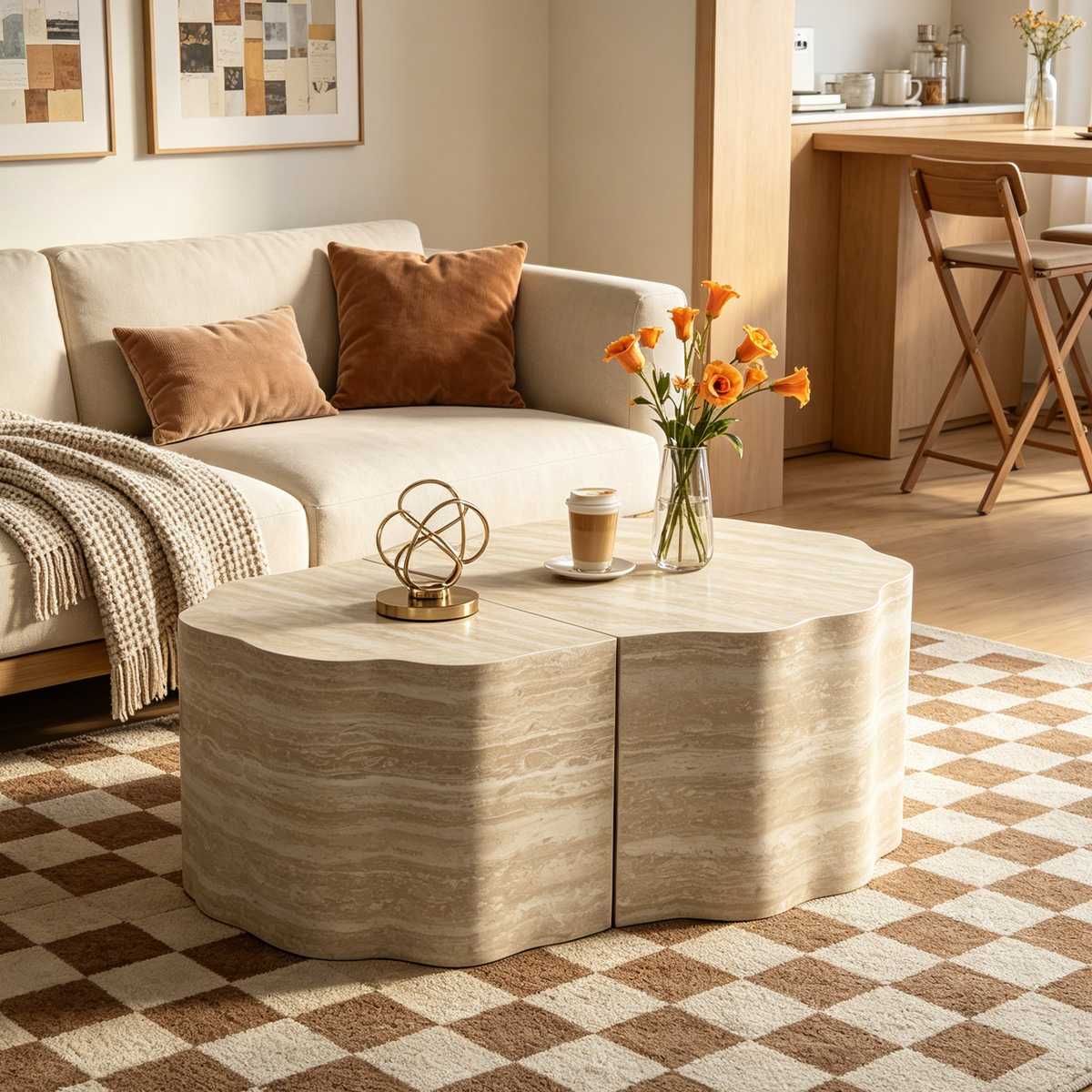 Modern living room with beige sofa, abstract art prints, and a marble coffee table, creating a stylish and elegant ambiance.