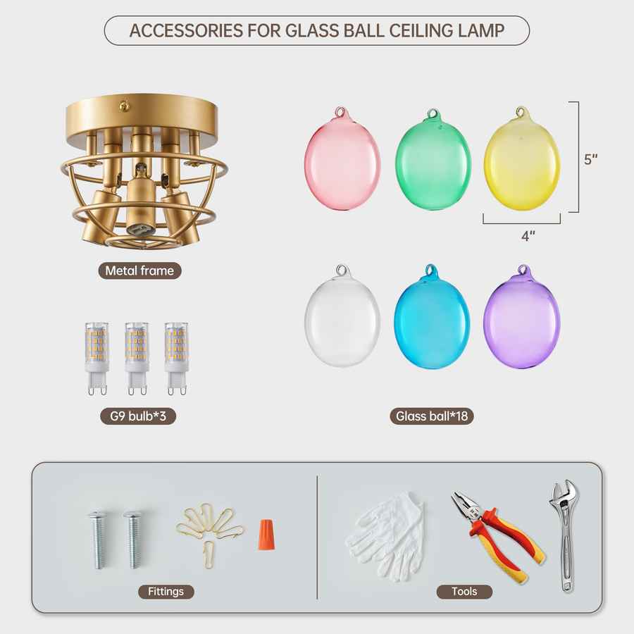 Set of accessories for glass ball ceiling lamp including metal frame, G9 bulbs, glass balls, and tools on a white background.