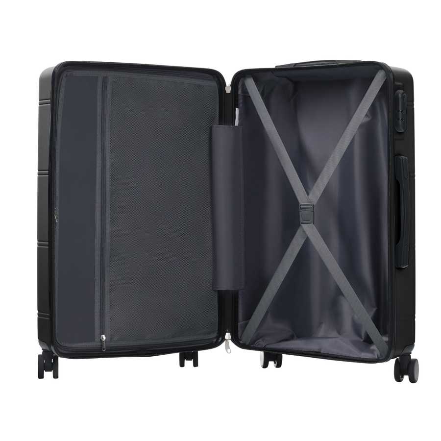 Black suitcase with open lid on a white background