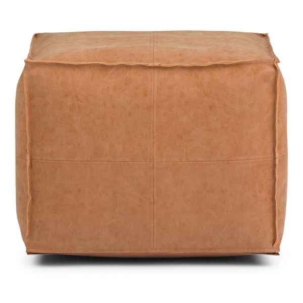 A square tan leather pouf ottoman with a distressed finish and stitched panel seams, shown from a front-facing perspective on a white background.