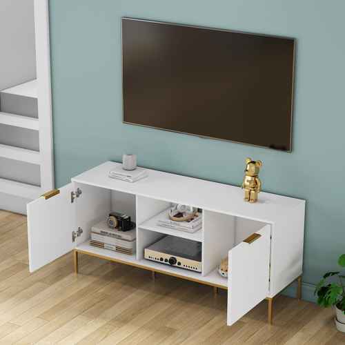 Side view of the white TV stand with open storage, gold handles, and gold metal legs, showcasing modern furniture design.