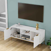 Side view of the white TV stand with open storage, gold handles, and gold metal legs, showcasing modern furniture design.