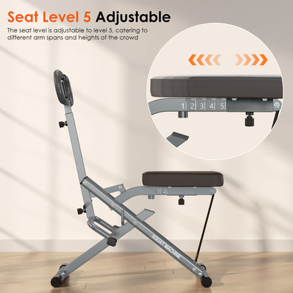 Seat level adjustable to 5 positions on Home Gym Squat Machine. Designed for different arm spans and user heights in home workouts.