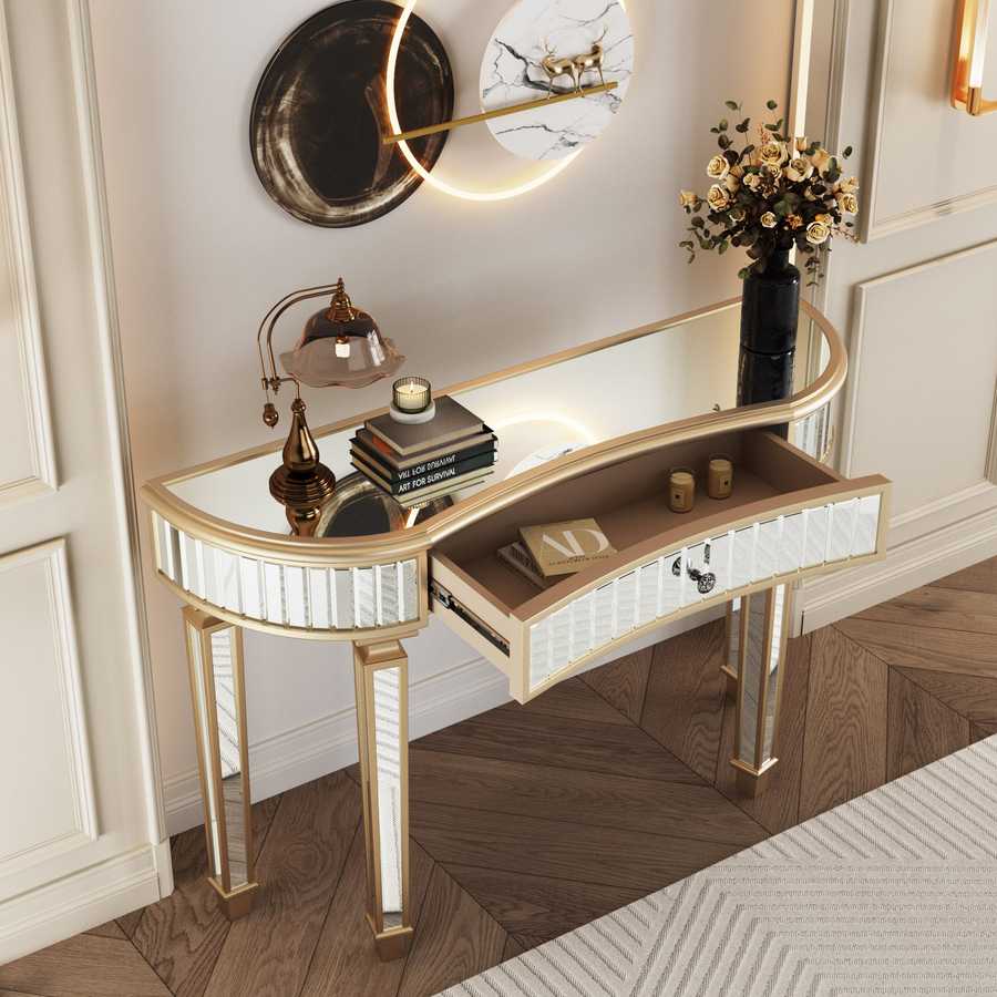 Half-Moon Mirrored Console Table with open drawer, showing storage space, styled with books and candle decor in a modern hallway.
