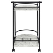 Rear view of faux marble serving cart with wine rack displaying integrated wine bottle holder and sturdy frame on wheels.