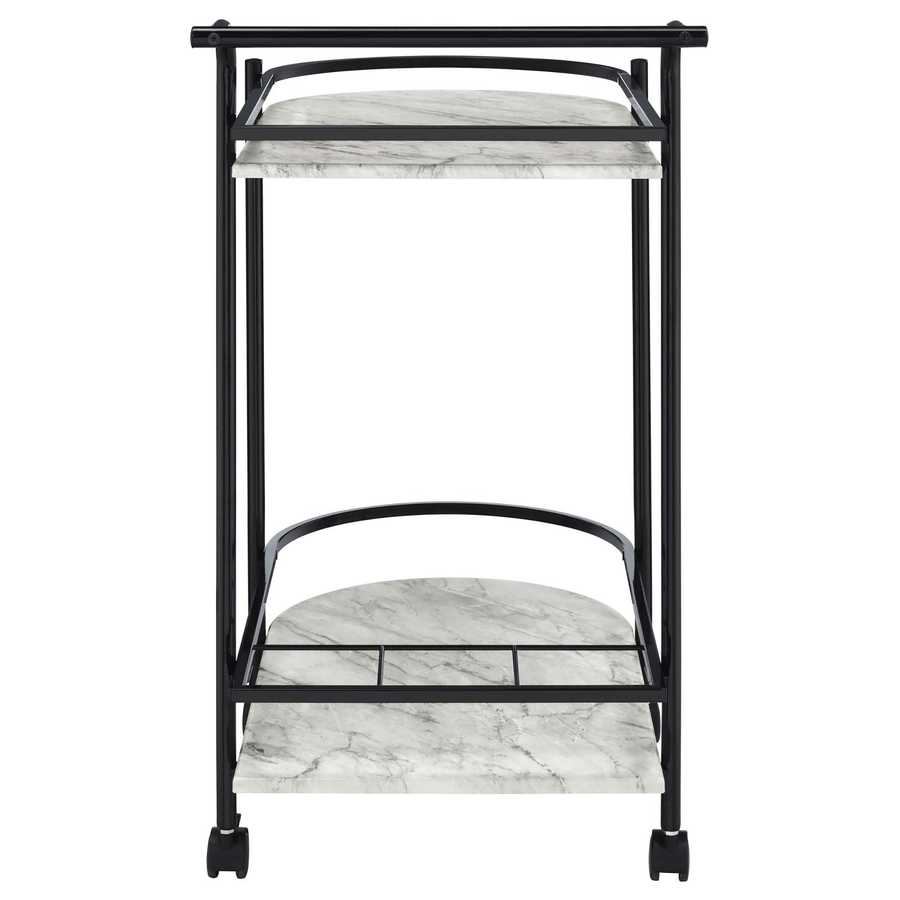 Rear view of faux marble serving cart with wine rack displaying integrated wine bottle holder and sturdy frame on wheels.