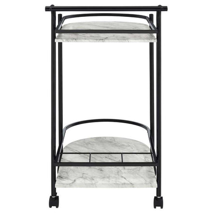 Rear view of faux marble serving cart with wine rack displaying integrated wine bottle holder and sturdy frame on wheels.