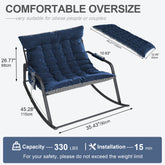 Blue cushioned chair with dimensions and capacity details on a white background