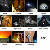 Multiple outdoor uses for rechargeable LED flashlight including hiking, camping, biking, and night patrol. Versatile and durable torch.