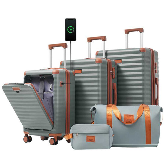 Luggage Sets 5 Piece with Front Opening , Hardside Expandable Carry on Suitcase with Spinner Wheels TSA Lock USB Port Cup Holder Duffel Bag and Toiletry Bag Default