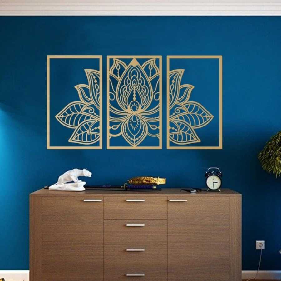 Iron Mandala Lotus Wall Art in 3-panel design displayed on a blue wall above a wooden cabinet, ideal for Zen-style luxury home decor.