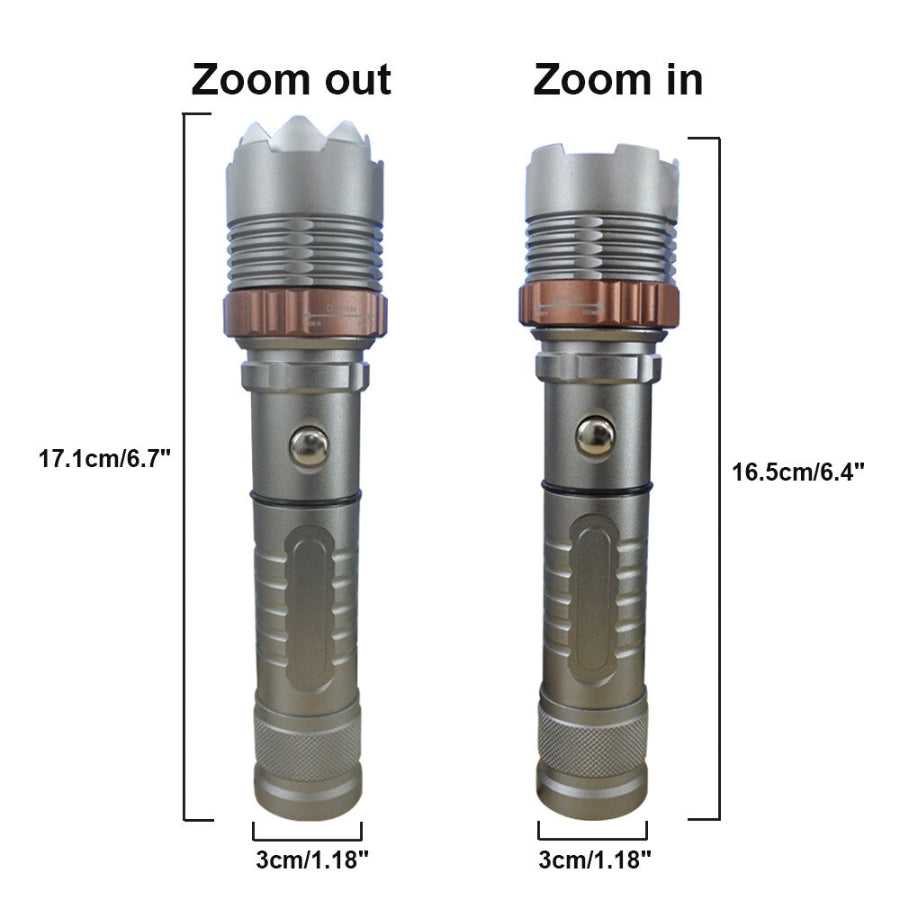 Zoomable rechargeable LED flashlight showing extended and compact lengths. Ideal for hiking and camping with adjustable beam focus.