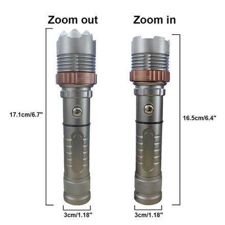 Zoomable rechargeable LED flashlight showing extended and compact lengths. Ideal for hiking and camping with adjustable beam focus.