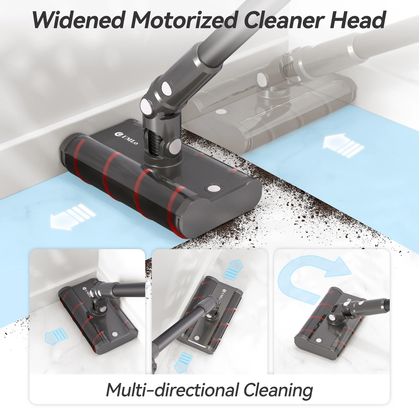 V101 Gray Cordless Vacuum Cleaner 22Kpa Powerful Suction with widened motorized cleaner head for multi-directional and efficient floor cleaning.