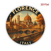 A round travel-style print or sticker featuring Florence, Italy, with the word &
