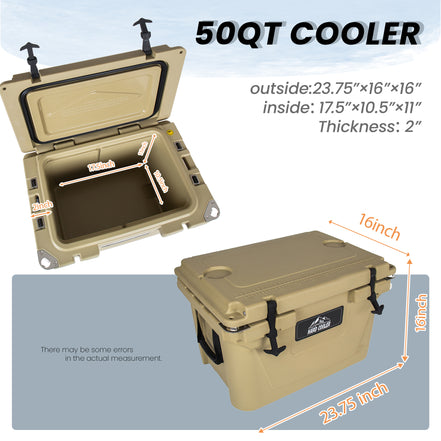 50QT cooler with dimensions and features on a light blue background
