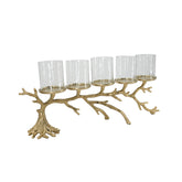 A five-light candle holder with a branch-like metallic gold base and five clear glass candle sleeves, shown on a plain white background.