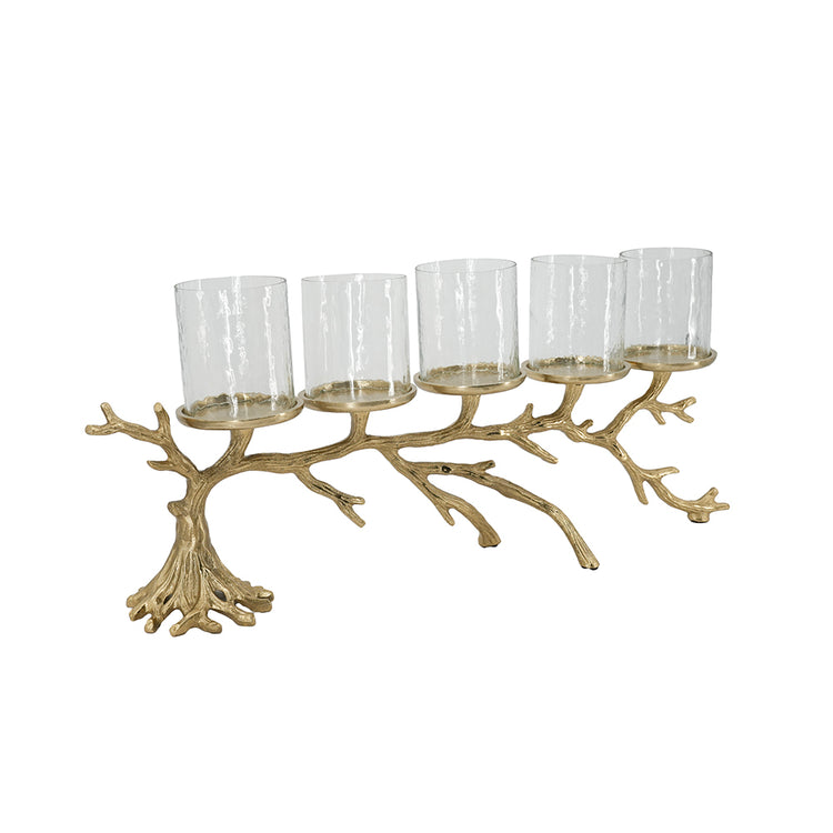 A five-light candle holder with a branch-like metallic gold base and five clear glass candle sleeves, shown on a plain white background.