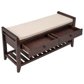 Wooden bench with beige cushion and two drawers on a white background