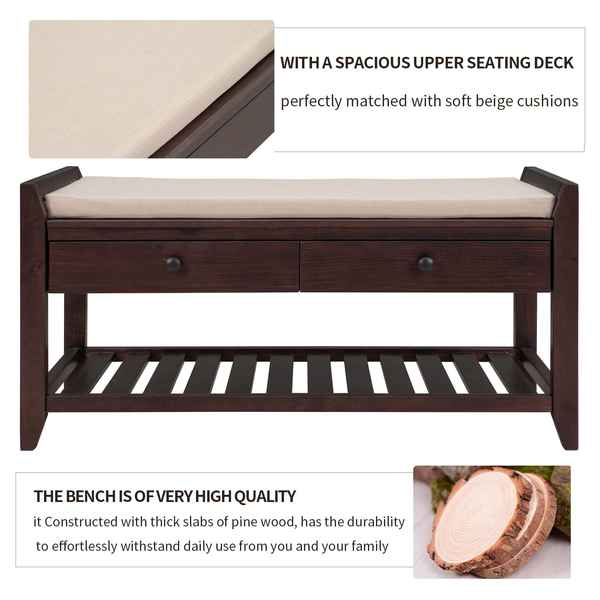 Wooden bench with beige cushion and storage drawers, shown with close-up details on a white background.