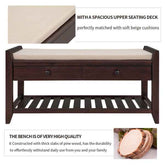 Wooden bench with beige cushion and storage drawers, shown with close-up details on a white background.