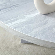 Edge detail of MDF white round coffee table with Nordic flair, showing smooth finish and realistic marble pattern.