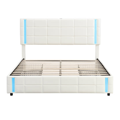 Queen Size Upholstered Platform Bed with LED Lights and USB Charging, Storage Bed with 4 Drawers, White