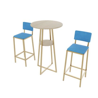 Bar Table and Chairs Set - Gold Frame, Storage Function | Dining Set for 2 with round wood table and two blue cushioned bar stools.