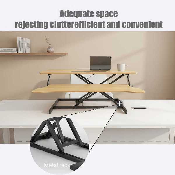 Spacious 32 inch height adjustable desk converter with metal rack base, designed for clutter-free and efficient desktop organization.