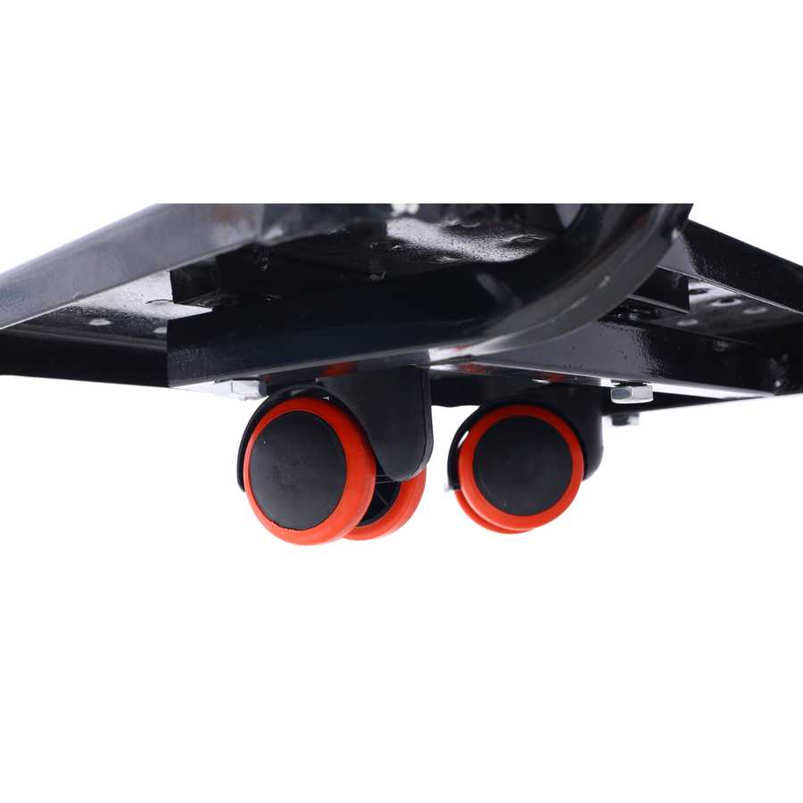 Close-up of red caster wheels on footrest of Heavy Duty Hydraulic Barber Chair for smooth salon mobility